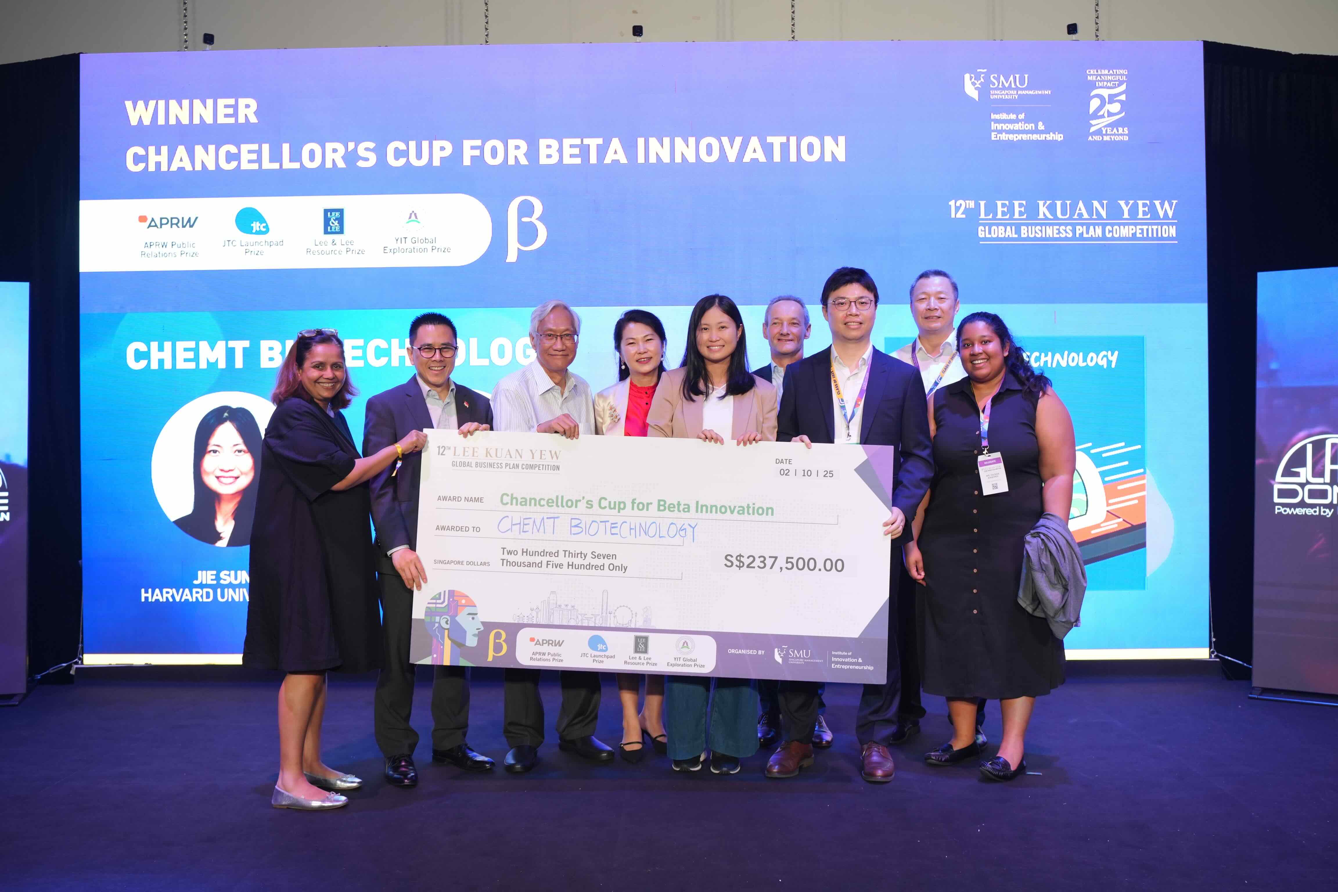 ChemT Biotechnology team receiving the Chancellor's Cup Beta award on stage