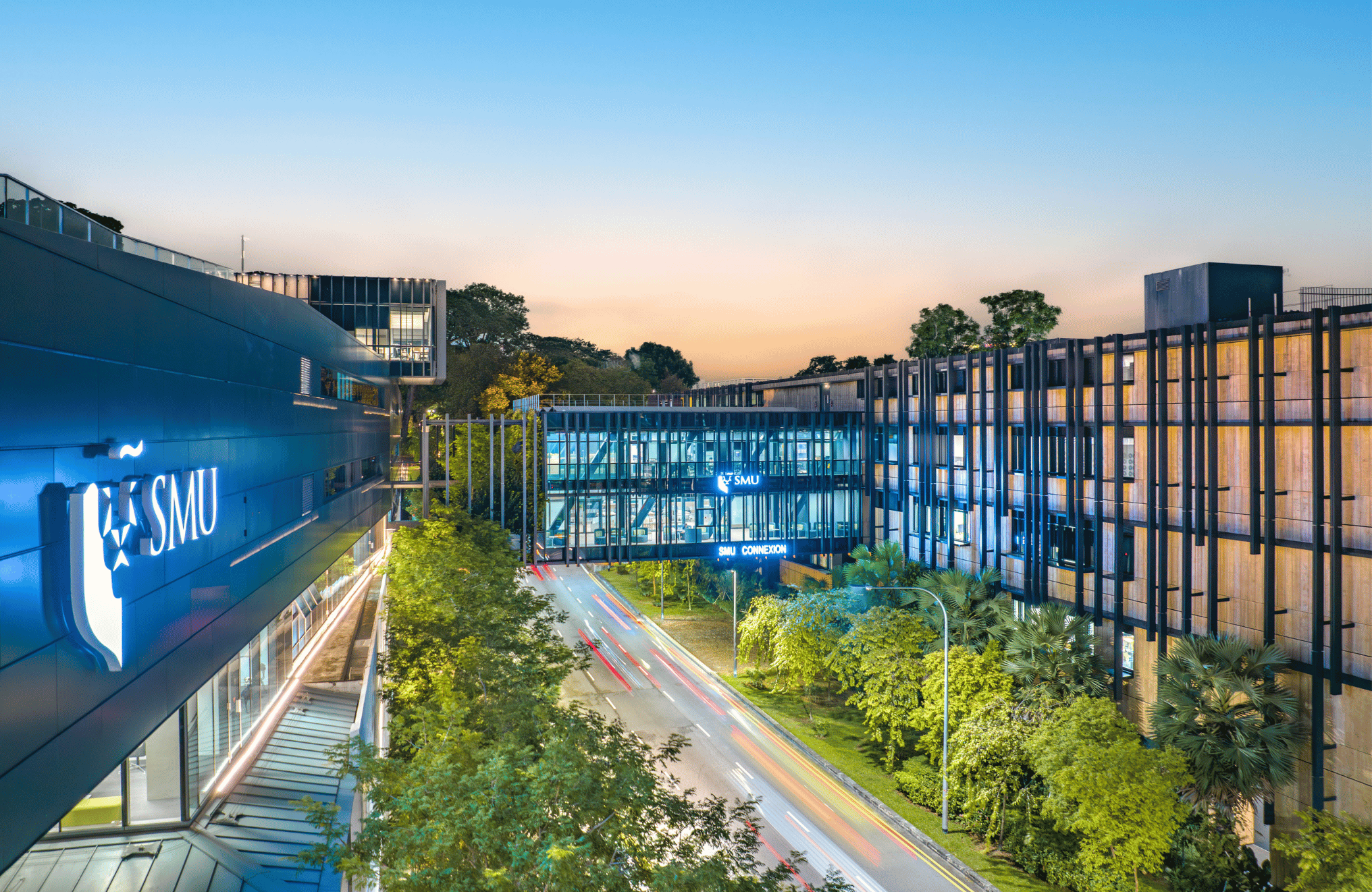 SMU campus buildings with modern architecture at golden hour
